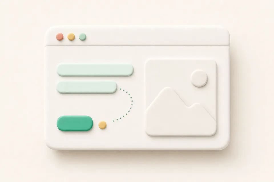 브라우저 첫 화면 카드 위에 헤드라인 블록과 버튼, 방문자의 시선 흐름을 표현한 3D 일러스트